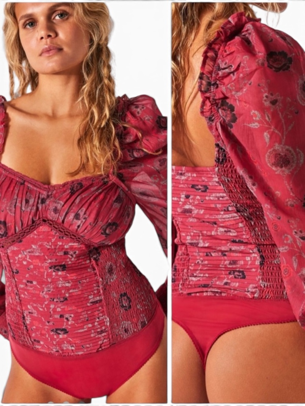 🆕 FREE PEOPLE Brunch Date Corset Bodysuit - Romantic Red - NWT